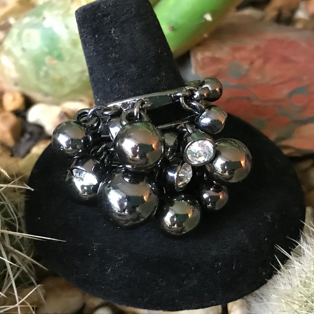 Dangly Steel Bead and Rhinestone Cocktail Ring